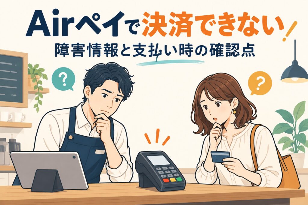 Airペイの決済が進まず困惑する店舗担当者と利用客のイメージ