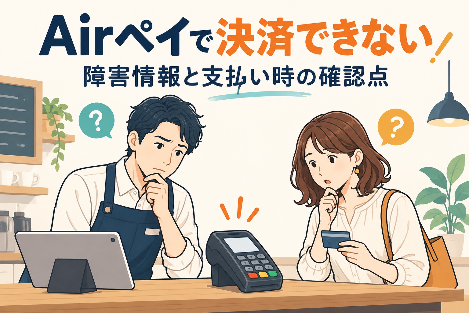 Airペイの決済が進まず困惑する店舗担当者と利用客のイメージ