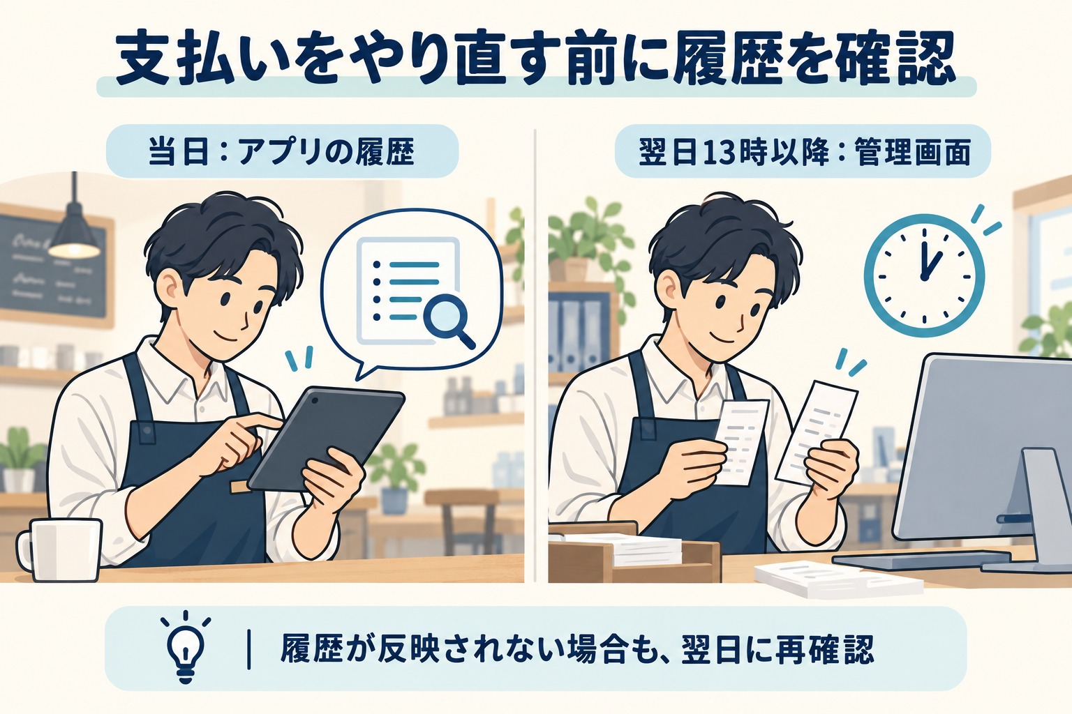 当日はアプリ、翌日13時以降は管理画面で取引履歴を確認するイメージ