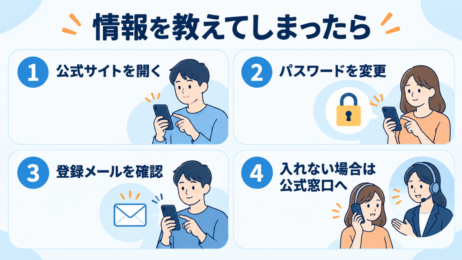 公式サイトを開く、パスワードを変更、登録メールを確認、入れない場合は公式窓口へ相談する4つの対処