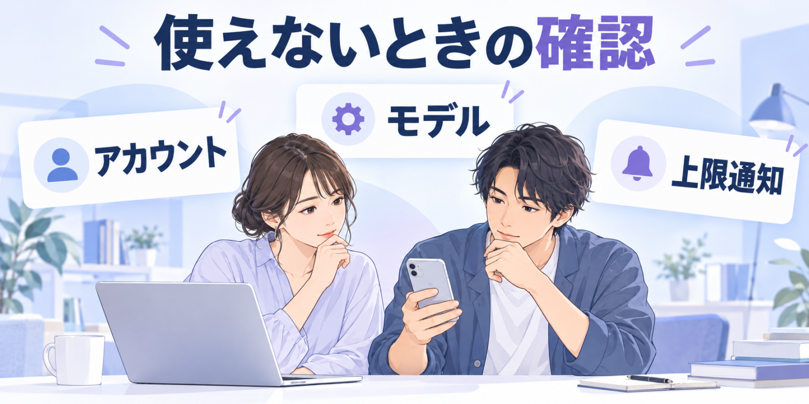 Geminiが使えないときにアカウント・モデル・上限通知を確認するイラスト