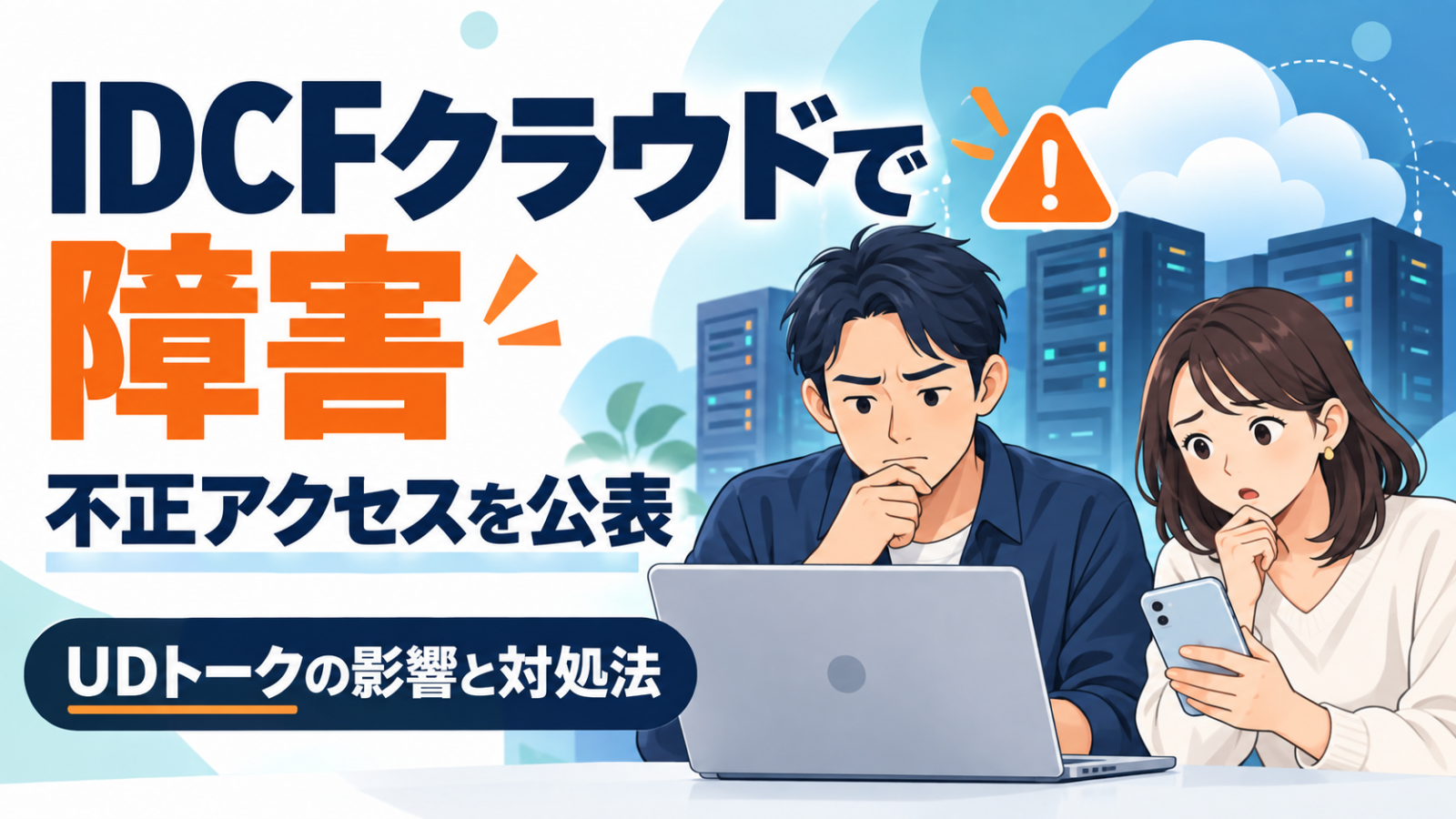 IDCFクラウドの障害に戸惑い、端末を確認する男女のイラスト