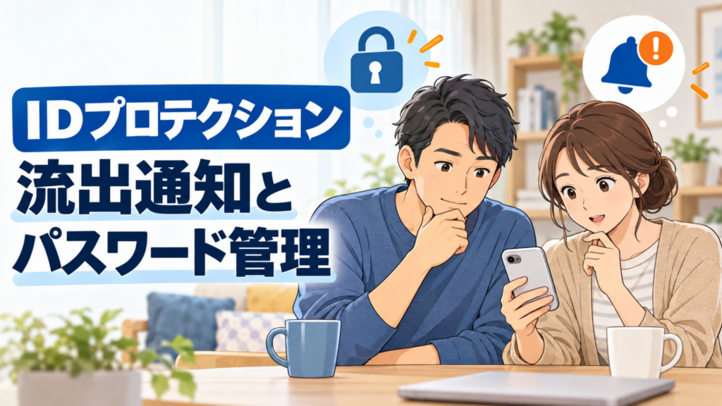 スマートフォンを確認する夫婦と、IDプロテクションの流出通知・パスワード管理のイラスト
