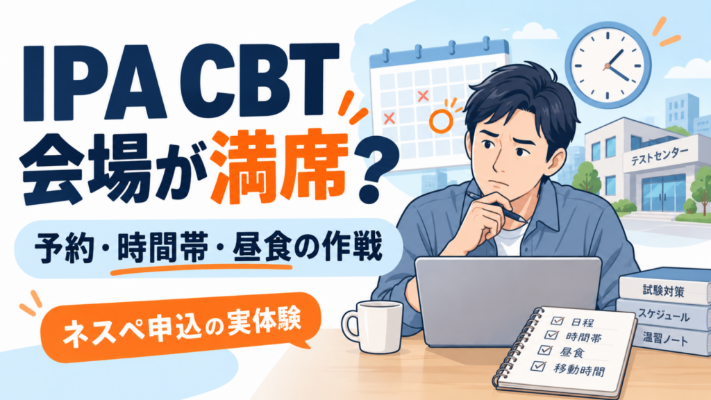 IPA CBTの会場予約を考える受験者の生成イラスト。スクリーンショットではありません