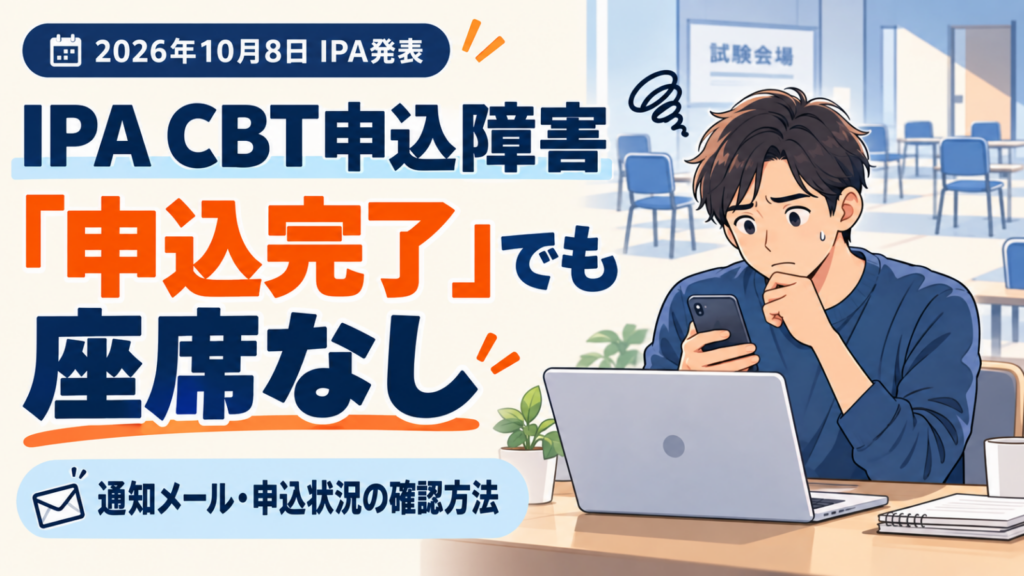 IPA CBTの申込障害について、申込完了でも座席が確保されていないことを伝えるイラスト