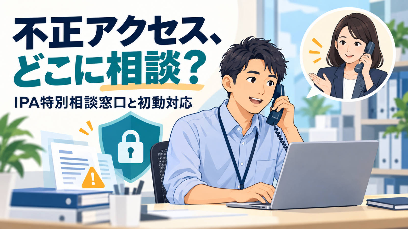 不正アクセスについて電話で相談する担当者のイラスト