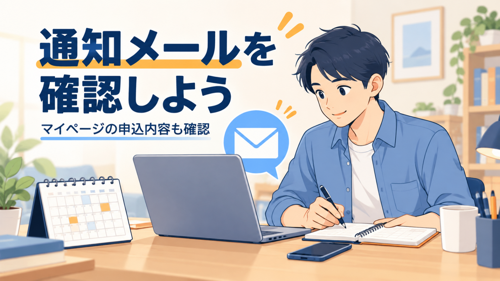 受験者が通知メールを読みながらマイページの申込内容を確認するイラスト