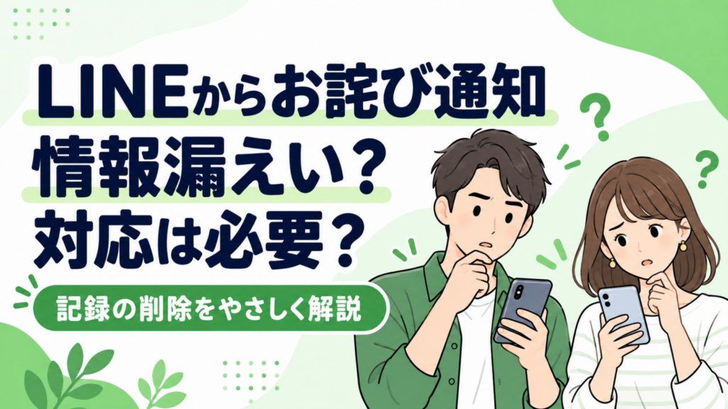 LINEのお詫び通知に戸惑う男女と、情報漏えい・対応の必要性を解説する見出し
