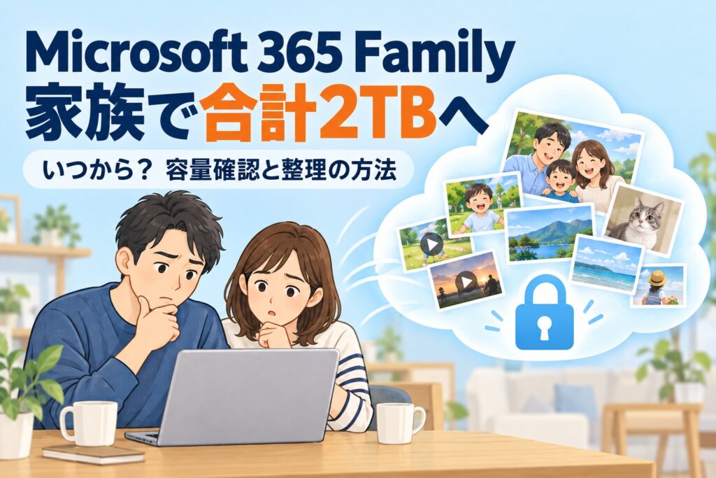 Microsoft 365 Familyが家族で合計2TBへ変更。容量確認と整理の方法を示す家族とクラウドのイラスト。