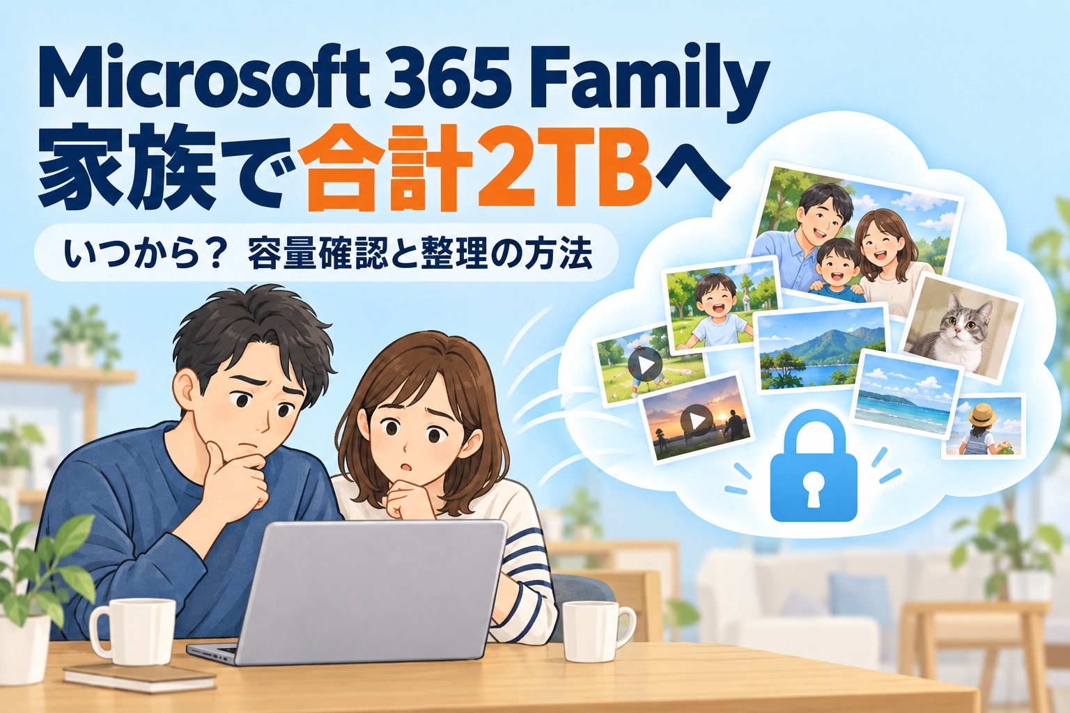 Microsoft 365 Familyが家族で合計2TBへ変更。容量確認と整理の方法を示す家族とクラウドのイラスト。