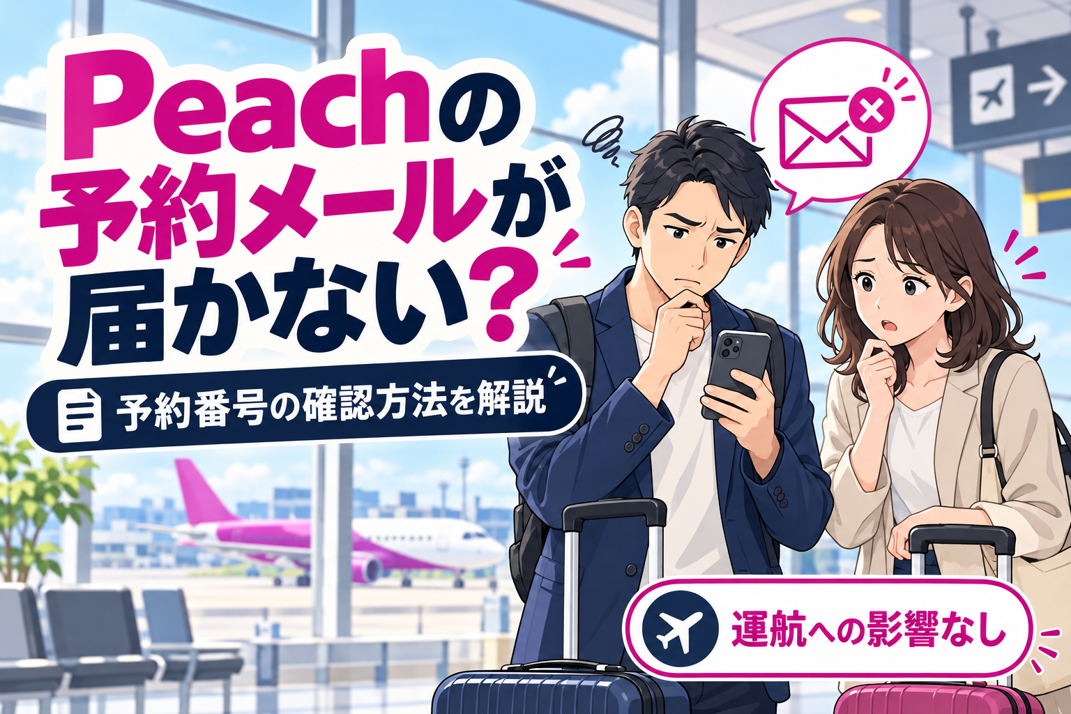 Peachの予約メールが届かずスマートフォンを確認する旅行者の説明用イラスト