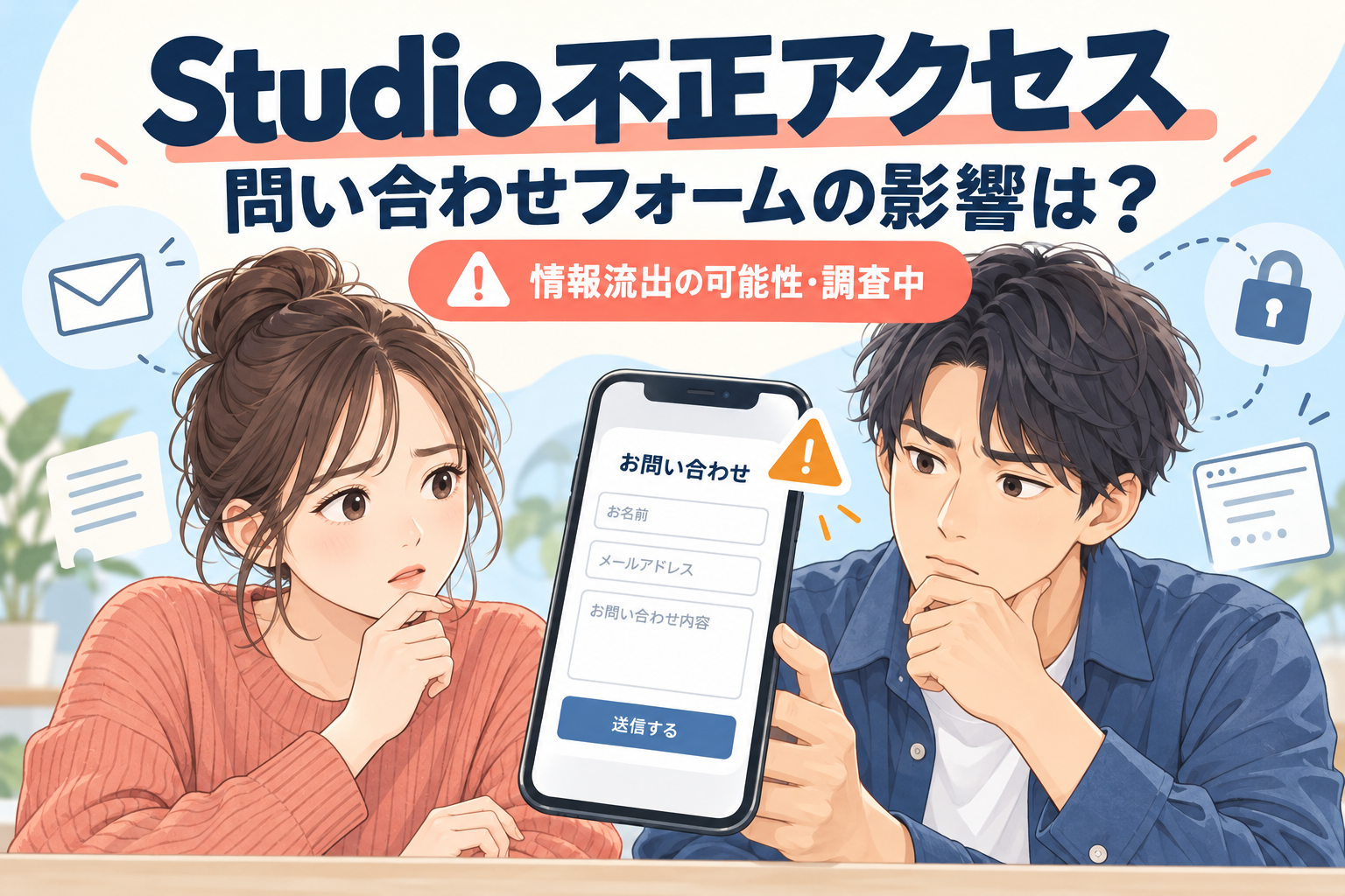 Studioの不正アクセスについて、問い合わせフォームへの影響を確認する男女のイラスト