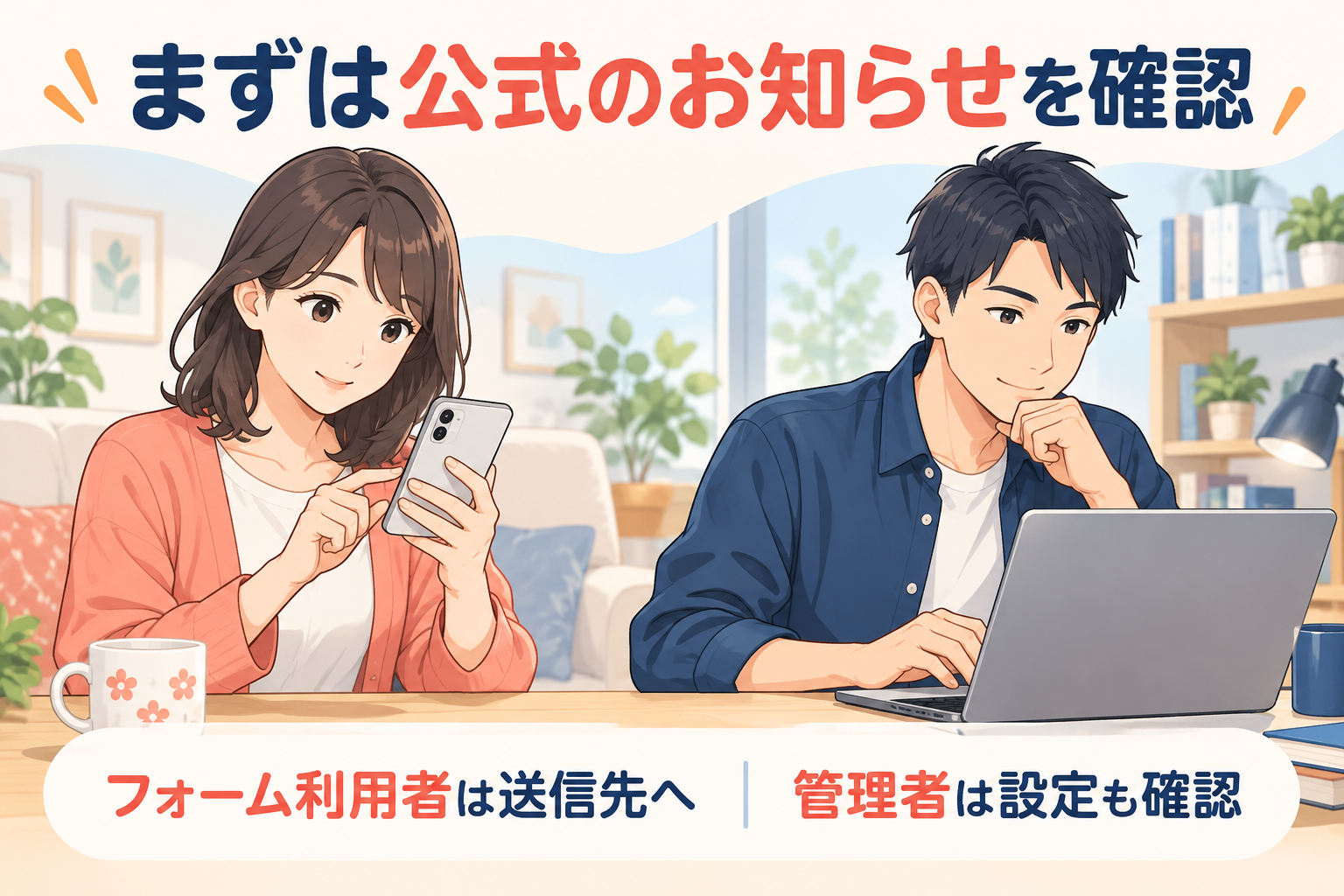 公式のお知らせをスマートフォンで確認する女性と、パソコンで設定を確認する男性の説明用イラスト