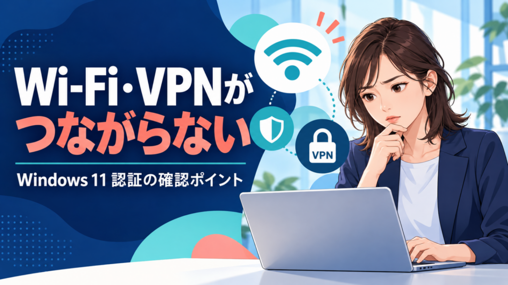 Wi-FiやVPNにつながらずパソコンを確認する担当者のイラスト