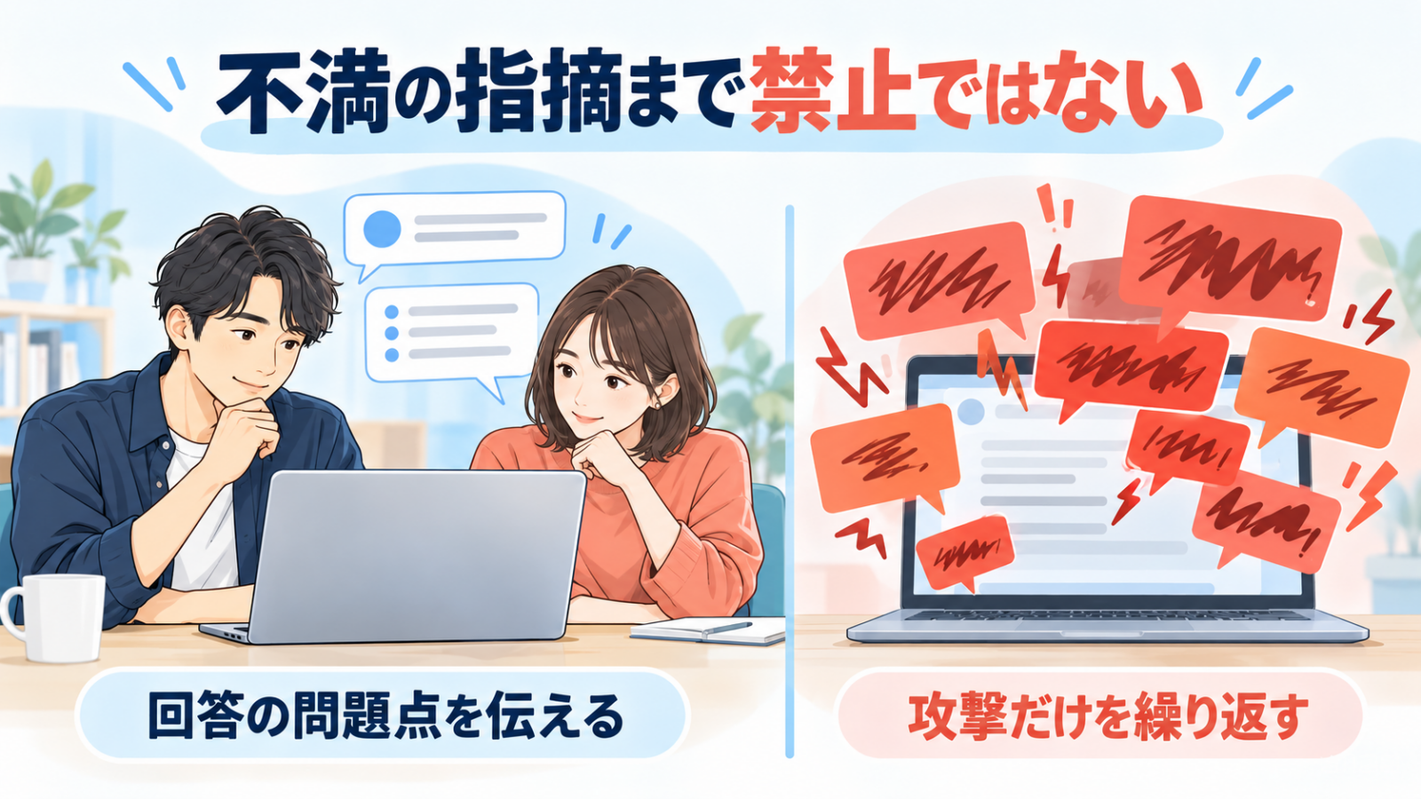不満を伝えることと、攻撃だけを繰り返すことの違いを考える男女のイラスト