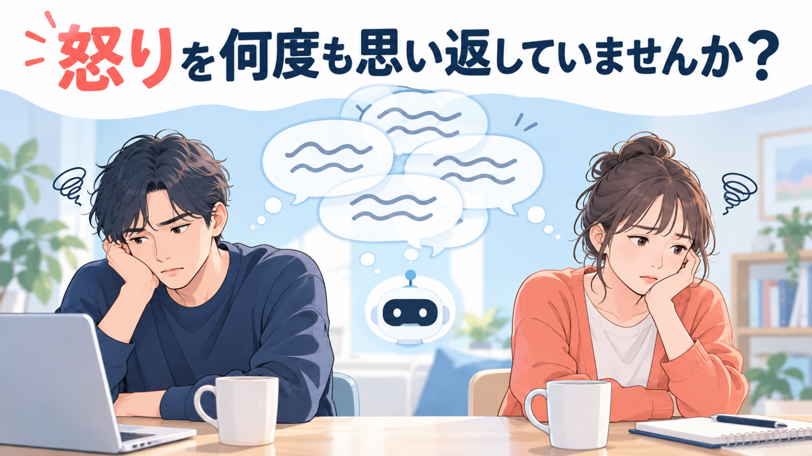 同じ不満を何度も思い返して疲れている男女のイラスト