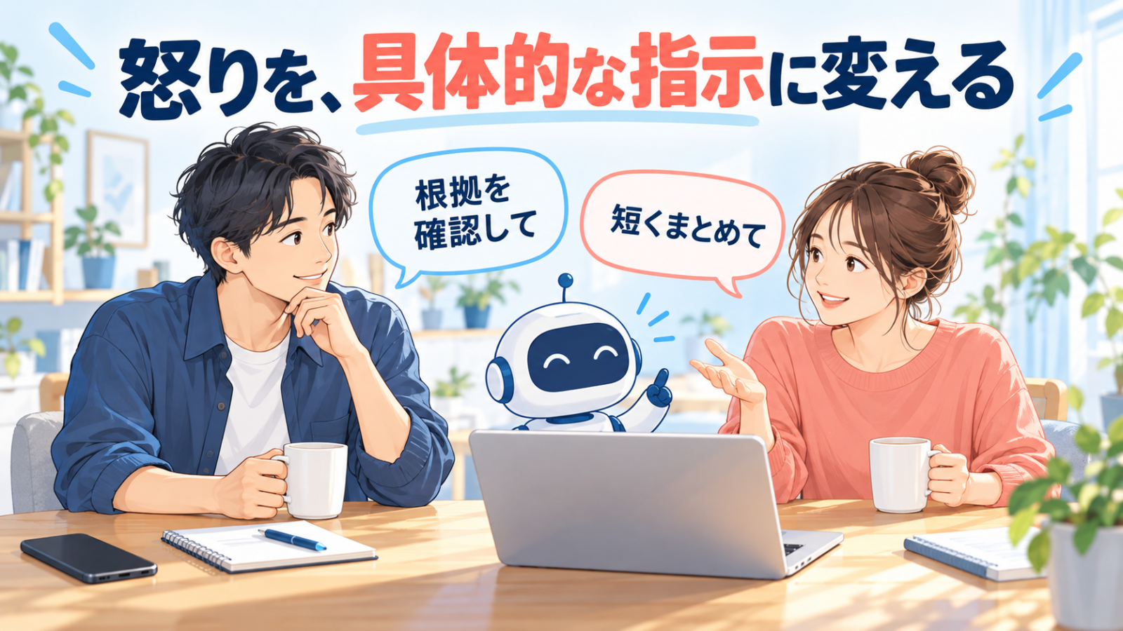 休憩を挟み、具体的な指示でAIとの作業を再開する男女のイラスト