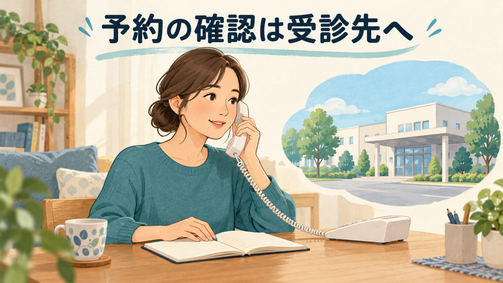 予約について受診先へ電話で確認する女性のイラスト