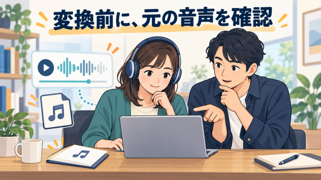 変換前に元の音声を再生して確認する男女のイラスト