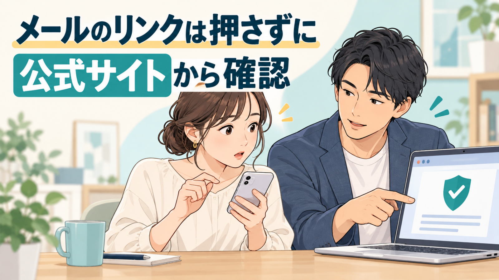 スマートフォンのメールのリンクを押す前に、公式サイトを確認する男女のイラスト