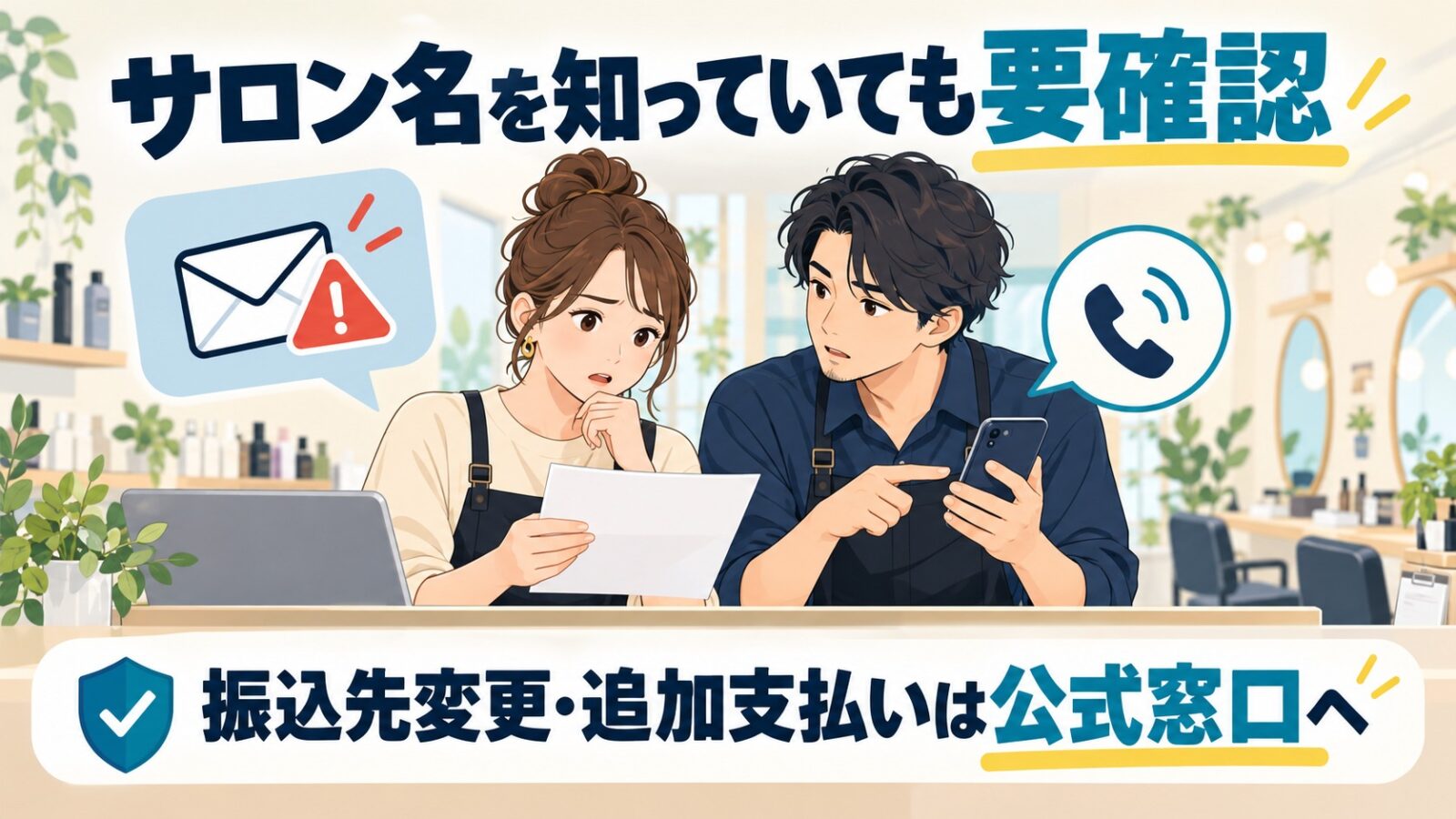 サロン名を知っている相手でも、振込先変更や追加支払いは公式窓口で確認するイメージ