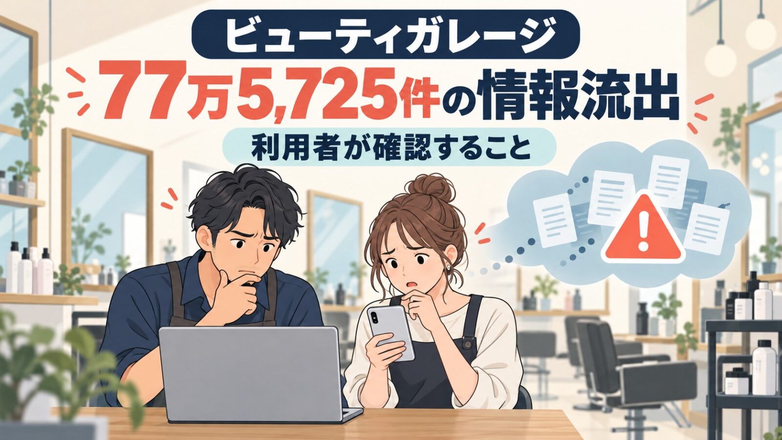 ビューティガレージの顧客情報77万5,725件流出と利用者の確認事項を伝えるイラスト
