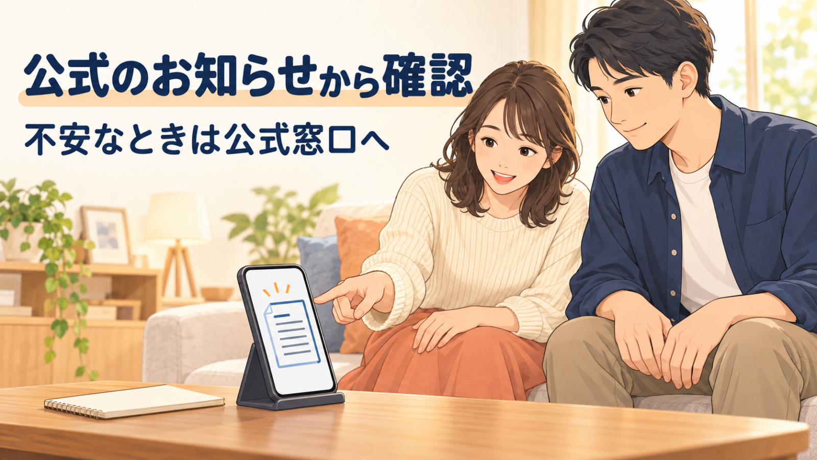 二人でスマートフォンの公式のお知らせを確認するイメージ