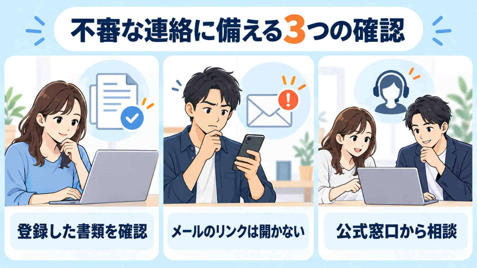 登録した書類を確認し、メールのリンクを開かず、公式窓口から相談する3つの確認
