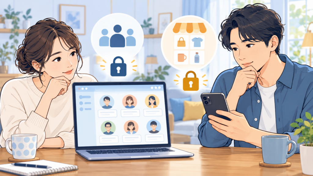 コミュニティと通販の登録先を比較して確認する男女のイラスト