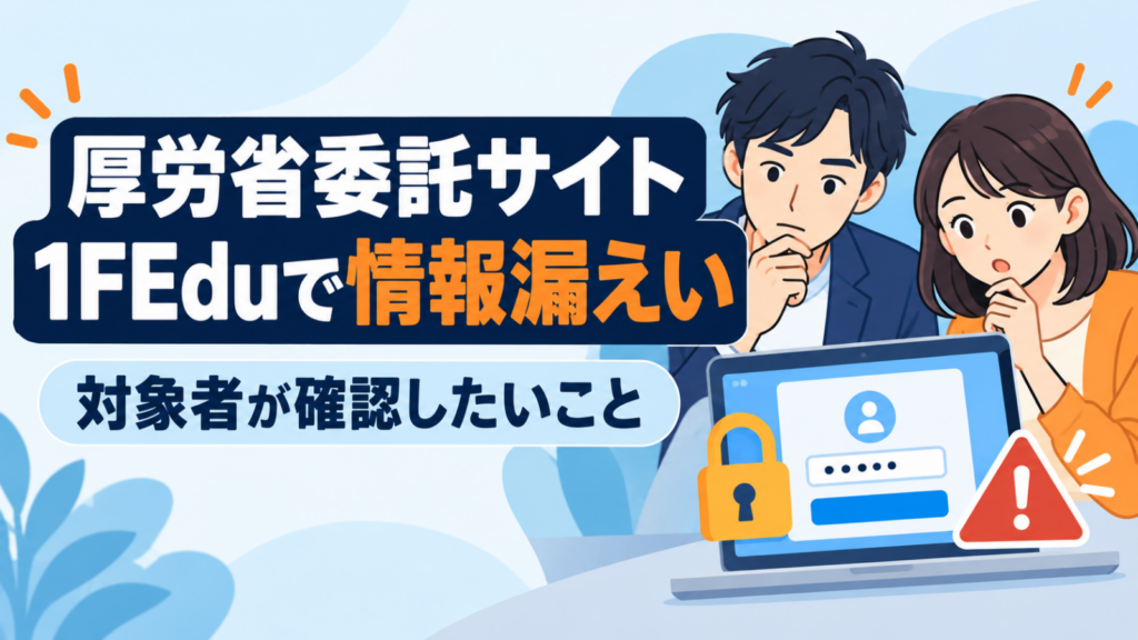厚労省委託サイト1FEduの情報漏えいと対象者の確認事項を案内するイラスト