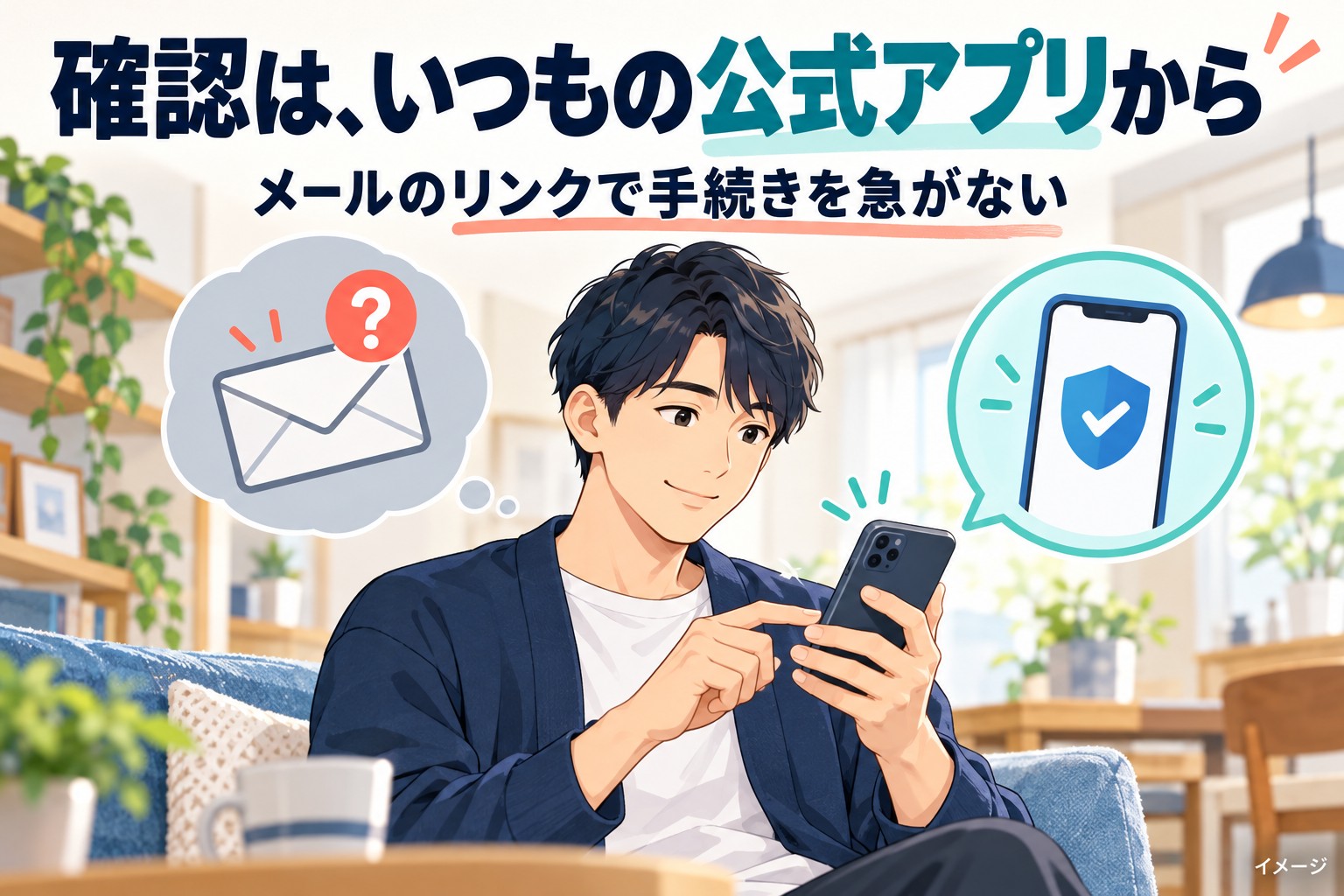 不審メールの用件を公式アプリから確認するイメージ