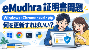 eMudhra証明書問題でWindows・ブラウザー・開発ツールの更新を確認するイラスト