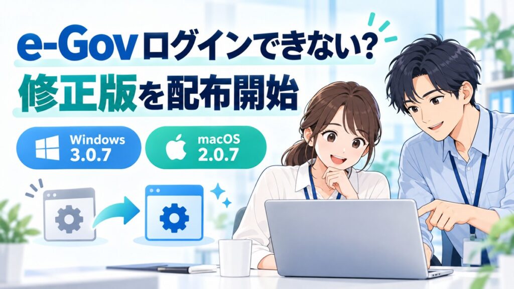 e-Gov電子申請アプリの修正版Windows 3.0.7・macOS 2.0.7の配布開始を案内するイラスト