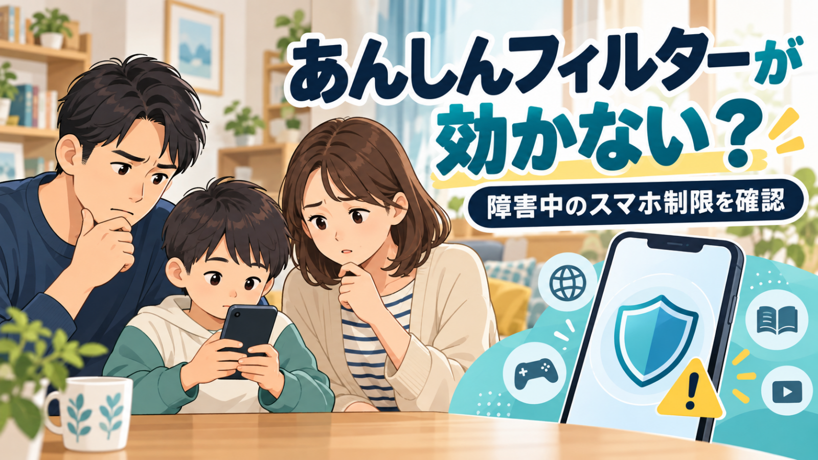 あんしんフィルターの障害中に子どものスマホの制限を確認する保護者