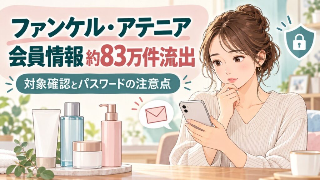 ファンケル・アテニアの会員情報約83万件流出と対象確認・パスワードの注意点を伝えるイラスト