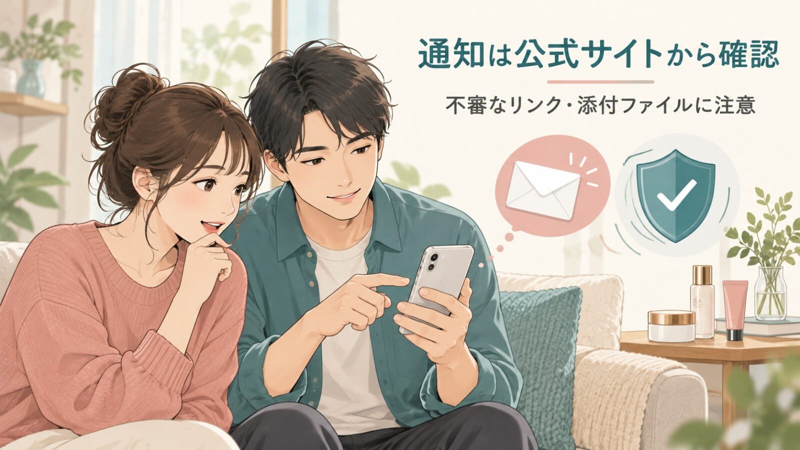 スマートフォンで案内を確認する男女のイメージ。個別通知はメールで届き、内容に不安があれば公式窓口へ確認