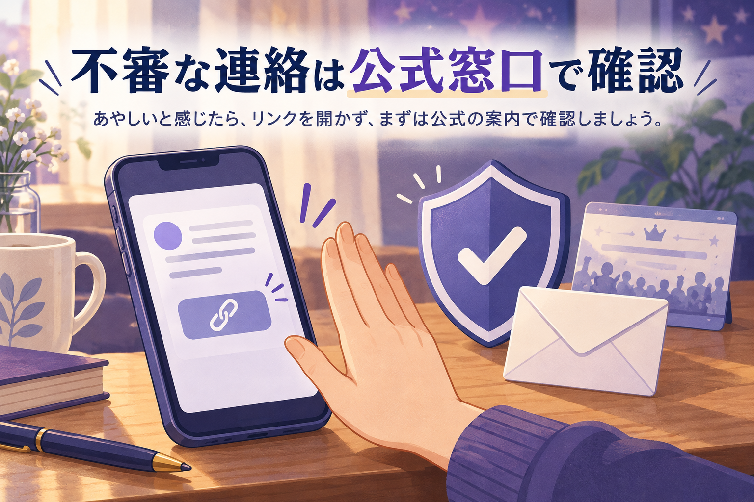 不審なメッセージをすぐ開かず確認する様子のイラスト