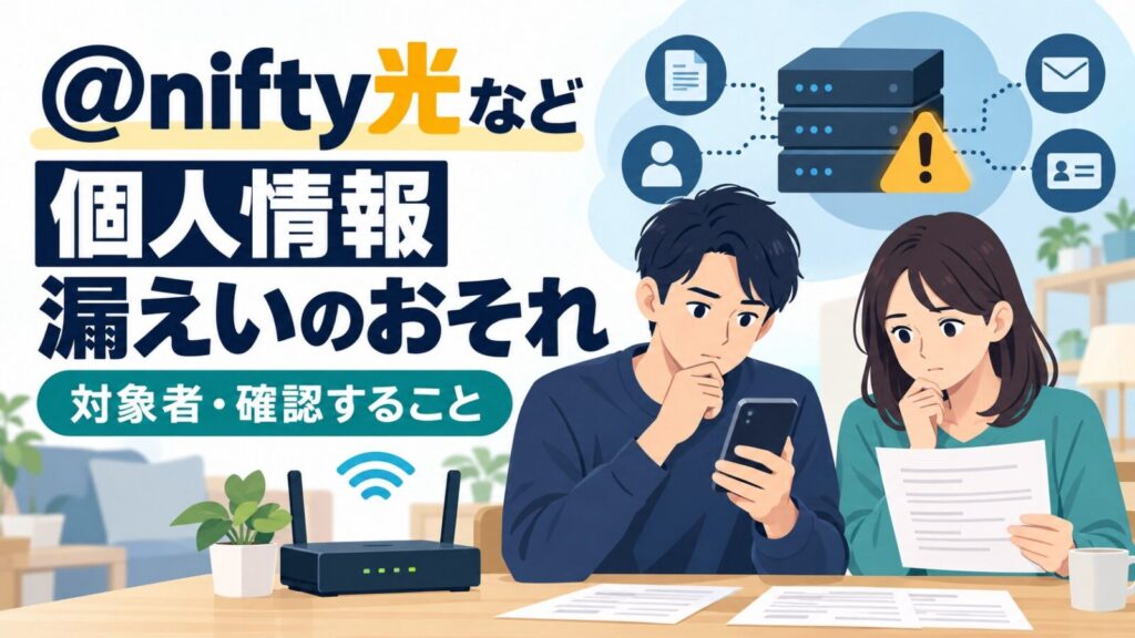@nifty光などの個人情報漏えいのおそれについて、スマートフォンと申込書を確認する男女のイメージイラスト