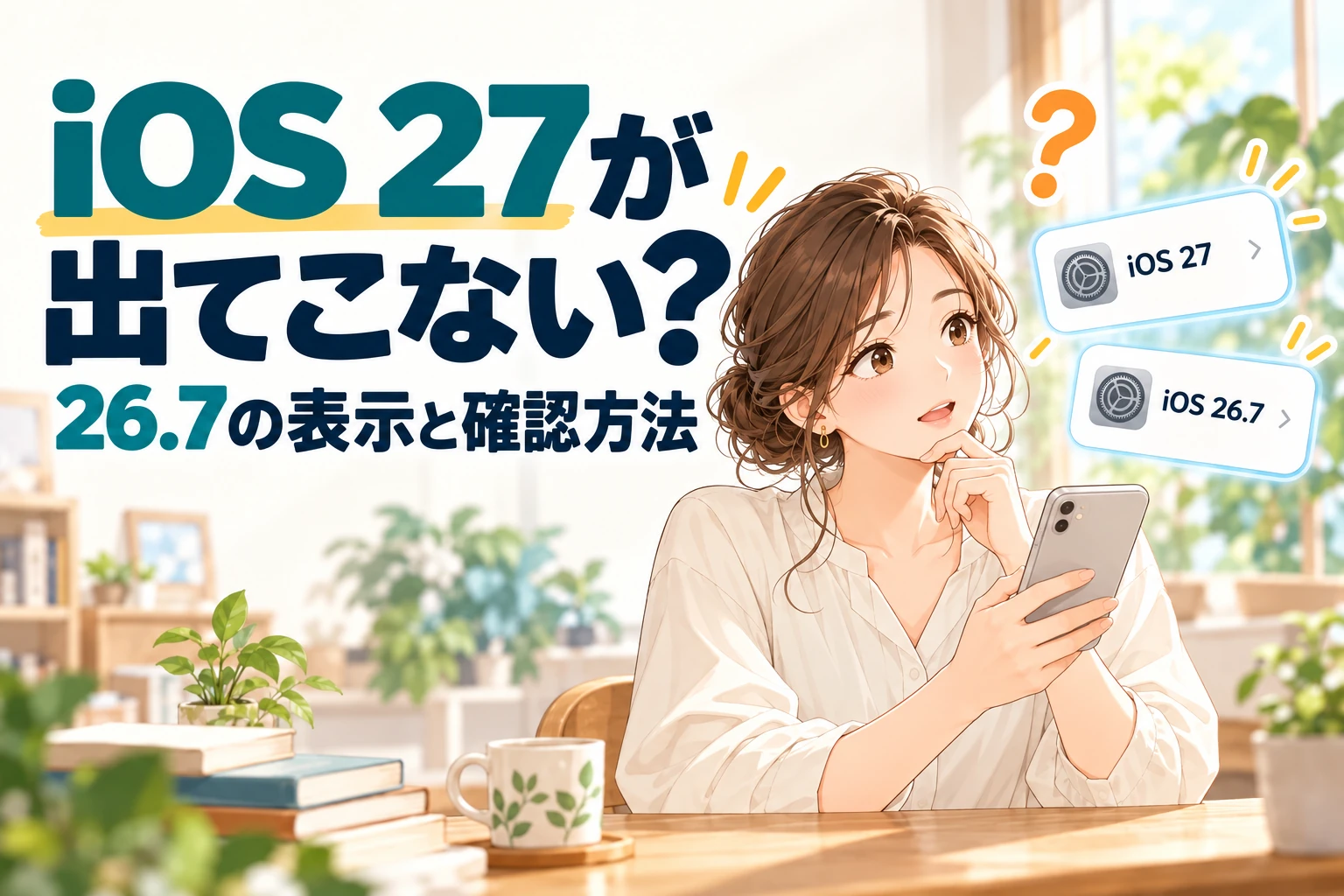 iOS 27が表示されないときに、iOS 26.7の表示と更新状況を確認するイメージ