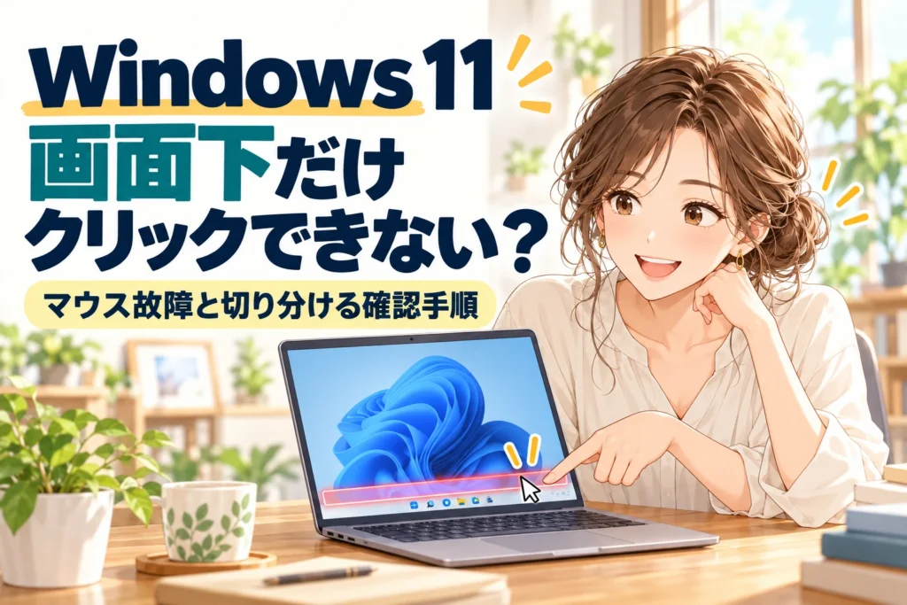 Windows 11の画面下だけクリックできない症状を、マウス故障と切り分けて確認するイメージ