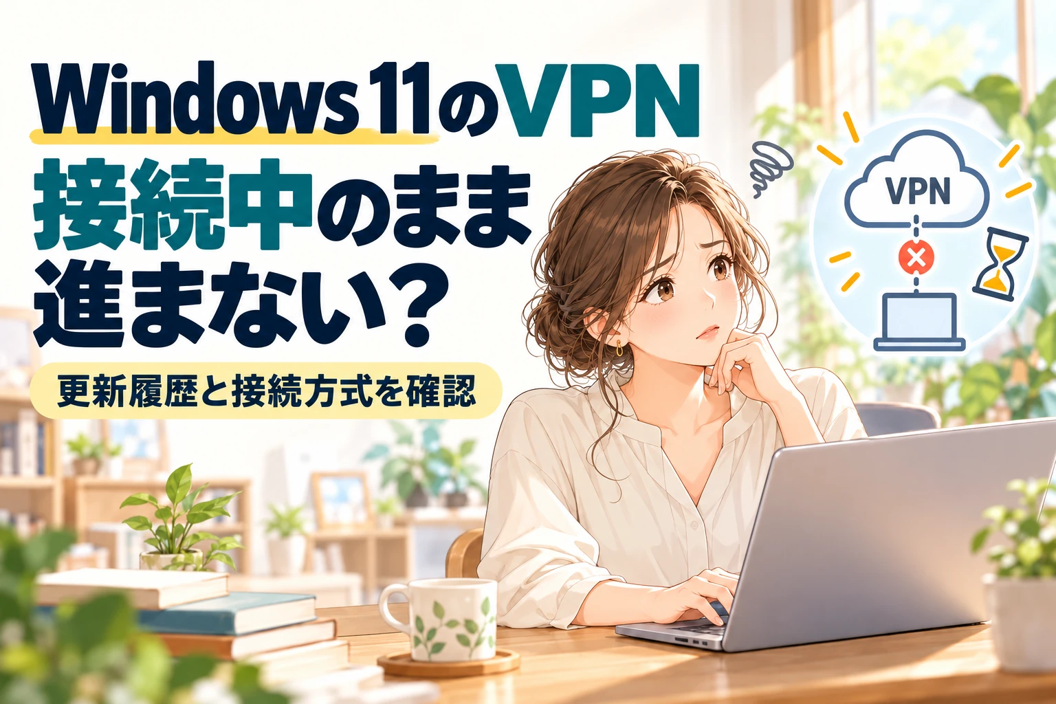 Windows 11のVPNが接続中のまま進まないときに、更新履歴と接続方式を確認するイメージ