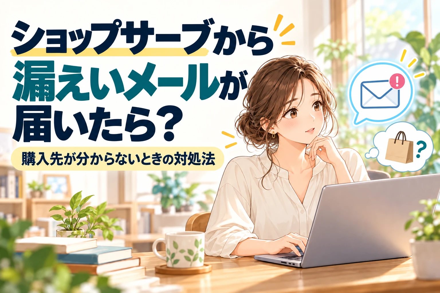 ショップサーブの漏えい通知メールを受け取り、購入先と対処方法を確認するイメージ