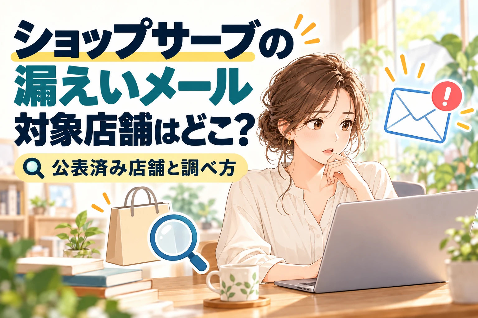 ショップサーブの漏えいメールの対象店舗を、公式発表と購入履歴で調べるイメージ