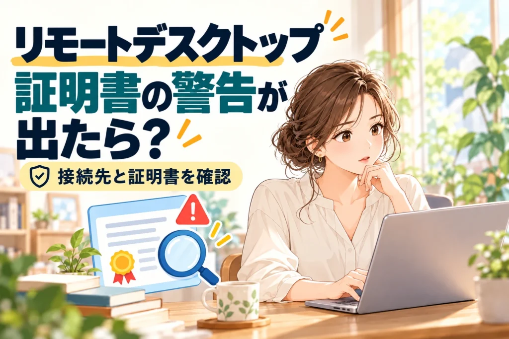 リモートデスクトップの証明書警告が出たとき、接続先と証明書を確認するイメージ