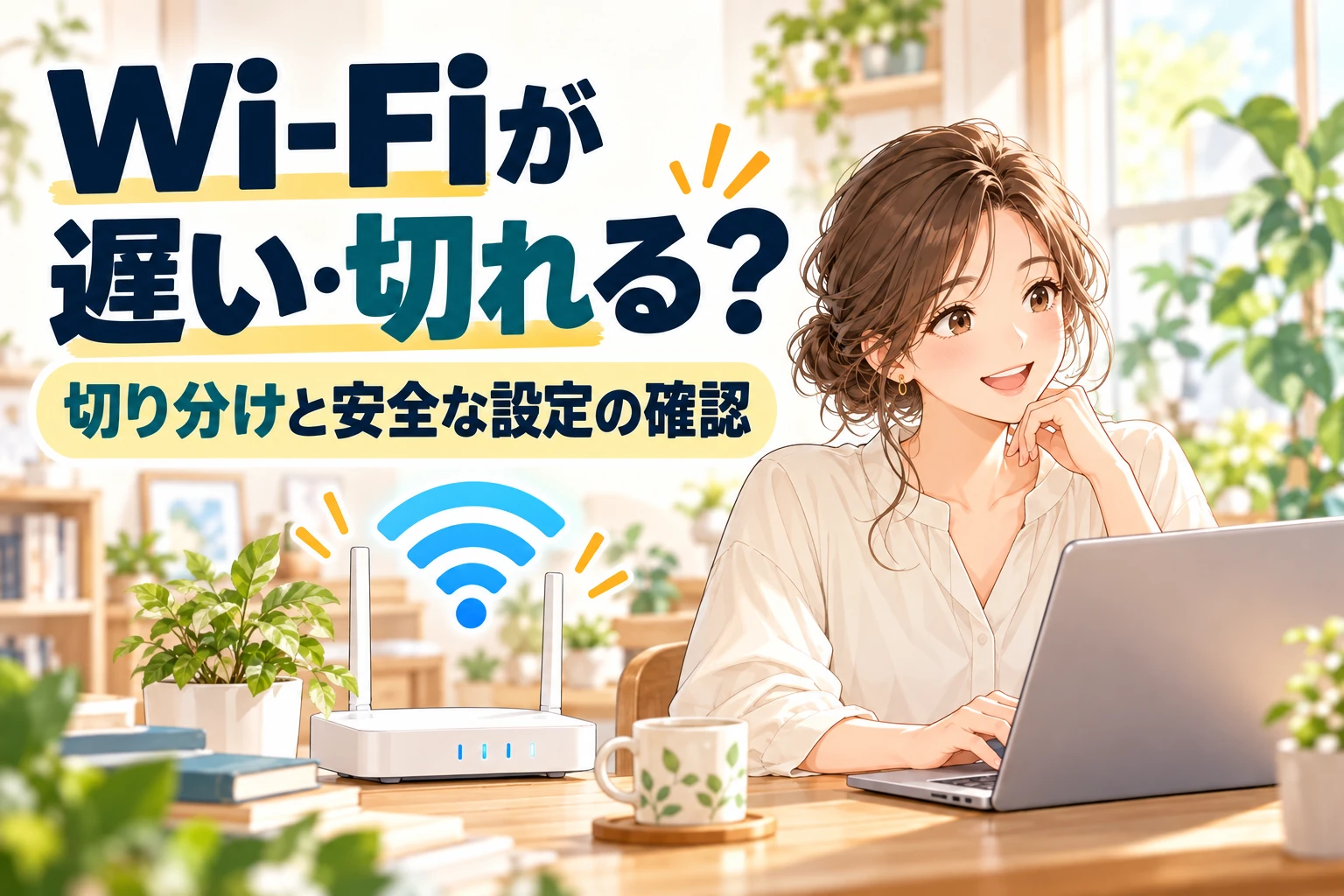 Wi-Fiが遅い・切れる症状を、パソコンとルーターの設定から確認するイメージ