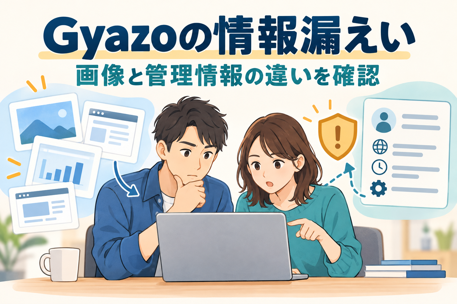 Gyazoの情報漏えいについて、画像と管理情報の違いを確認する男女のイラスト。