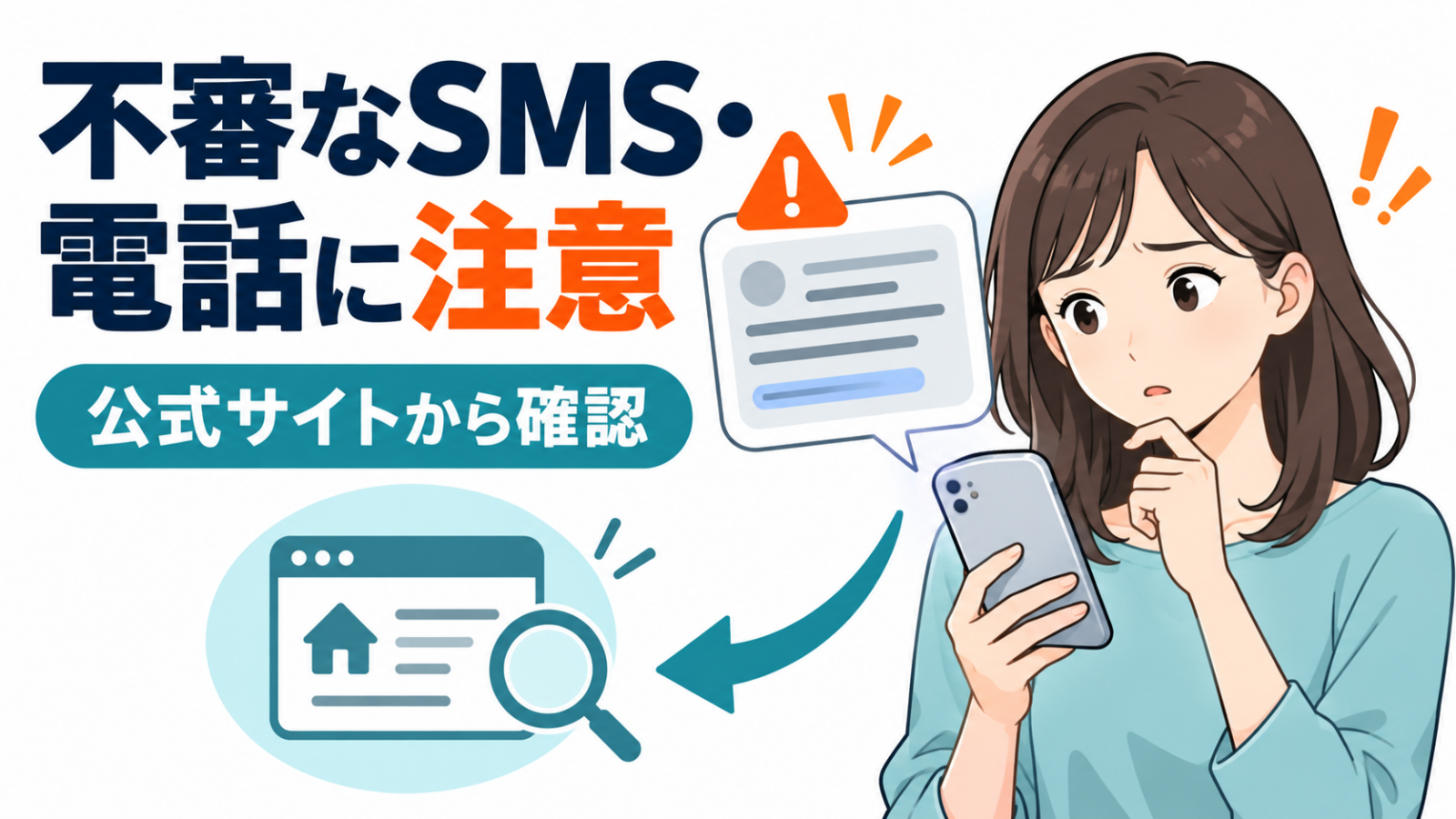 不審なSMSや電話に注意し公式サイトから確認するイメージ