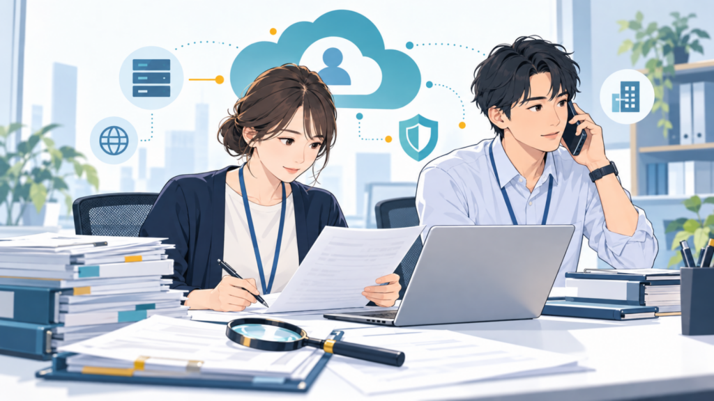 社内の担当者がサービス一覧と記録を照合し、委託先に確認するイメージ