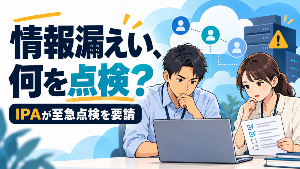 情報漏えいの点検について、ノートPCとチェックリストを見ながら確認する担当者2人のイラスト