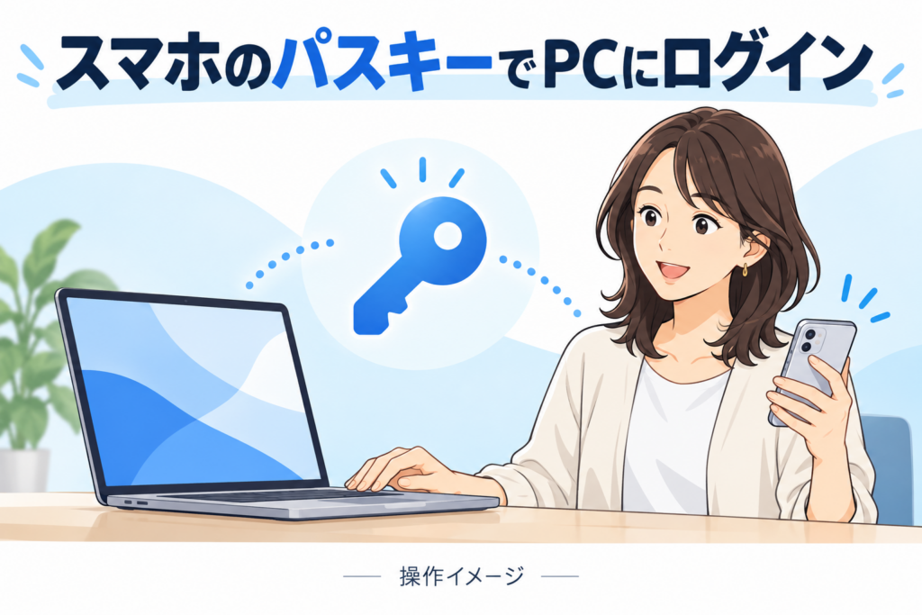 スマホのパスキーでPCへログインする操作イメージ